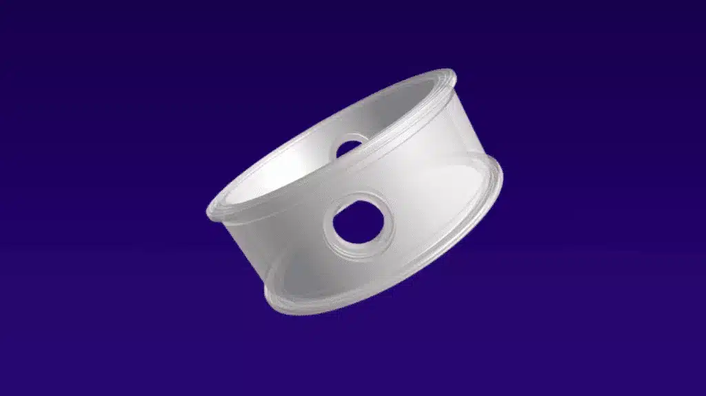 A 3D rendering of a cylindrical metallic ring with two large circular holes on opposite sides, displayed against a solid dark blue background.