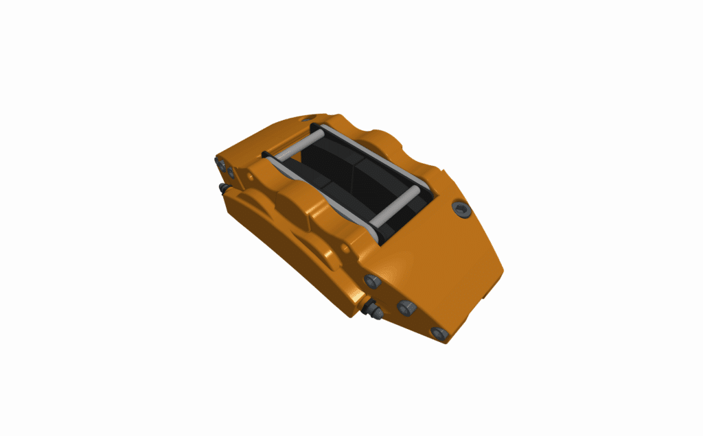 Orange disc brake caliper, viewed from an angle, showcases its mounting hardware and inner brake pads against a white background—highlighting precision often achieved through automotive CNC machining.