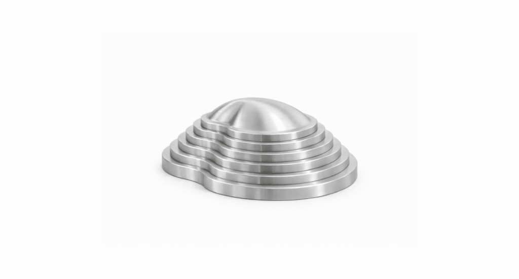 A stackable, stainless steel object with a rounded top and tiered, concentric layers—resembling a stepped dome or pyramid—shows precise cnc stepover craftsmanship, placed on a plain white background.