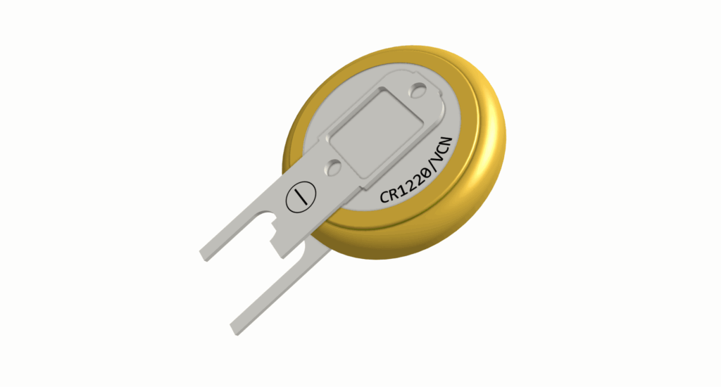 A CR1220 coin cell battery with attached metal tabs for mounting, created using spot welding, shown on a plain white background.
