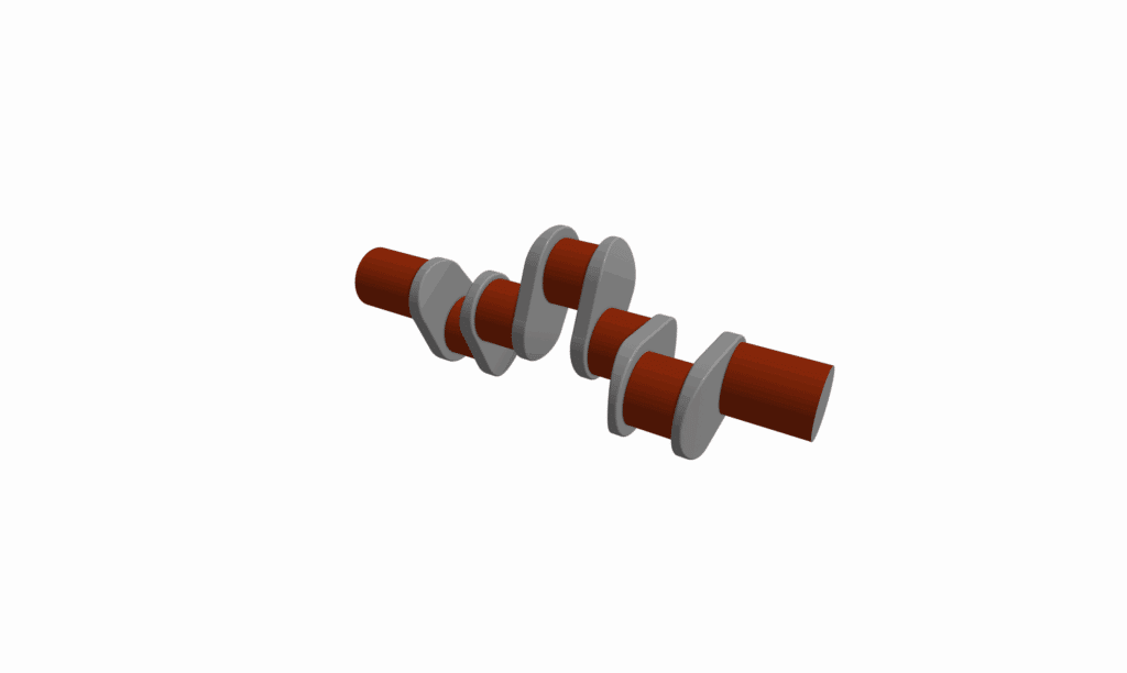 A 3D model of a camshaft—with three eccentric lobes and four discs along a central cylindrical shaft—crafted for automotive CNC machining, displayed on a white background.