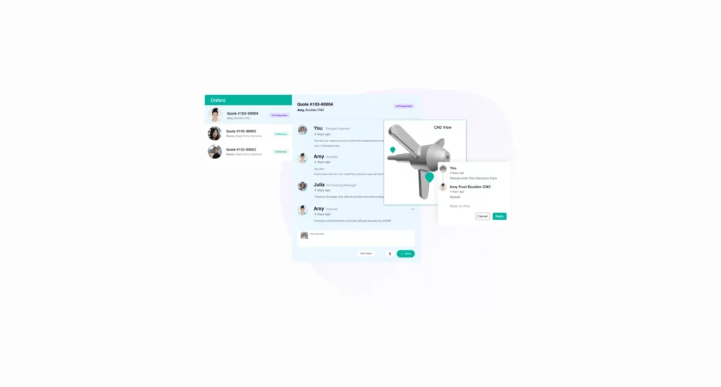 A digital interface shows a chat dashboard with user profiles, messages, and a product preview of a drill—comparing options like jiga vs xometry vs protolabs—with details and actions available.