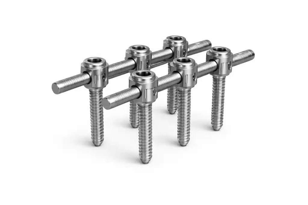 Six metallic screws arranged in two rows, with each screw interlocked horizontally by another screw, against a white background.