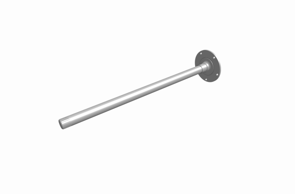 A cylindrical metal shaft with a flange and bolt holes at one end, precisely crafted through CNC lathe machining, set against a plain white background.