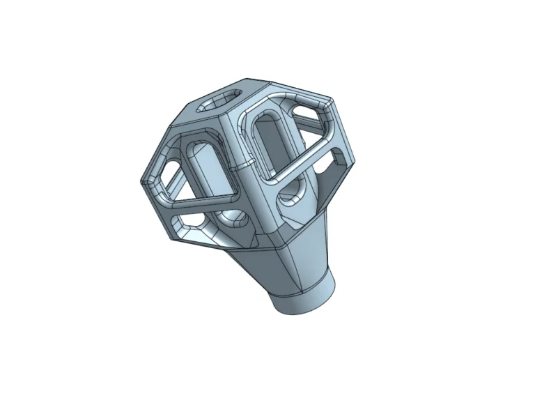 3D-rendered image of a geometric, hollow, hexagonal structure with a cylindrical base and open framework design.