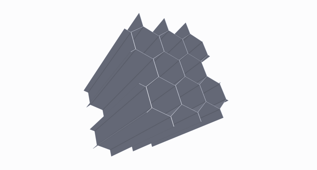 A 3D geometric structure reminiscent of spot welding techniques, made of interconnected hexagons and elongated shapes in dark gray, set against a plain white background.