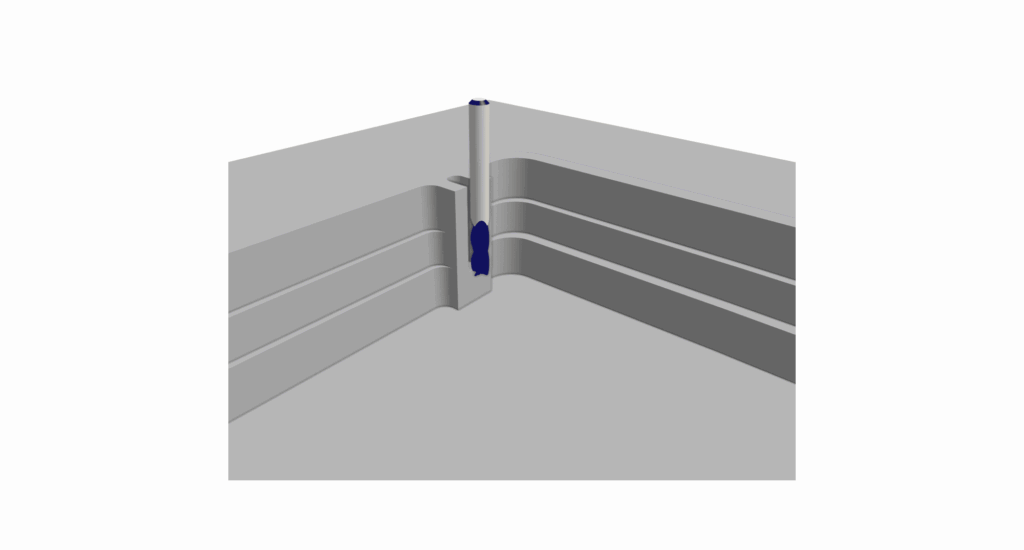 3D rendering of a corner section with a vertical pipe passing through two grey walls, featuring blue seals or fittings—perfect for demonstrating cnc plastic machining precision.