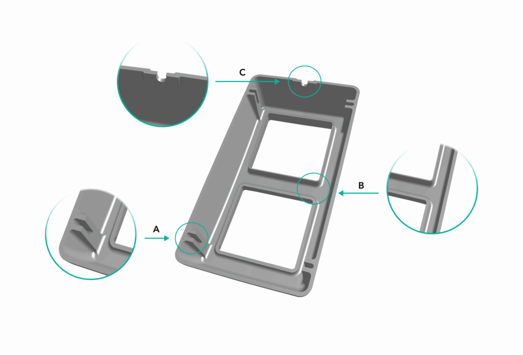 Gray plastic rectangular frame with two square cutouts, crafted using cnc plastic machining, shown with three detailed insets labeled A, B, and C highlighting specific edge features.