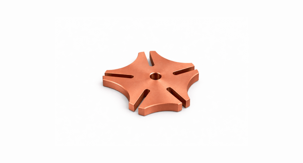 Copper-colored metal component with a central hole and four symmetrical grooves, crafted through precise CNC programming, placed on a plain white background.
