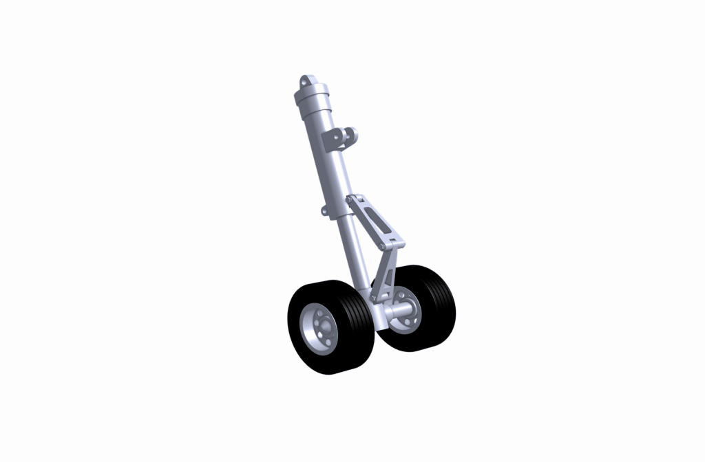Illustration of an aircraft landing gear with two black tires on a white background, highlighting components that could be crafted using CNC lathe machining.