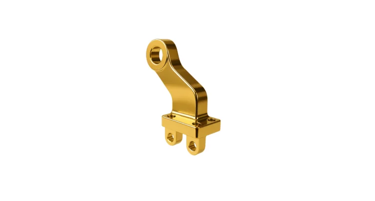 A gold-colored metal mechanical bracket with a circular hole at the top and two mounting holes at the base, isolated on a white background.