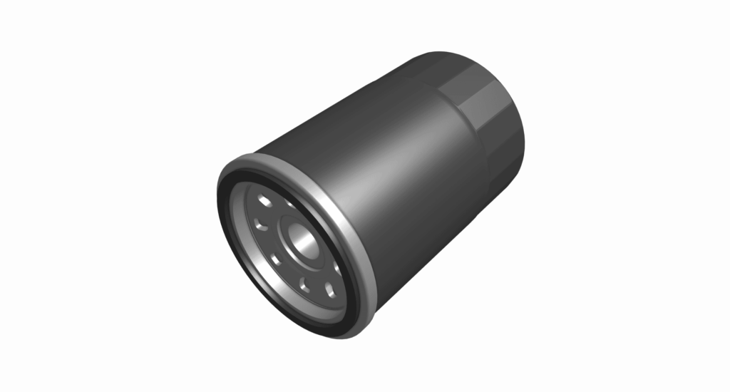 A 3D rendering of a cylindrical automotive oil filter with a metal base and multiple holes—spot welding details are visible—shown on a white background.