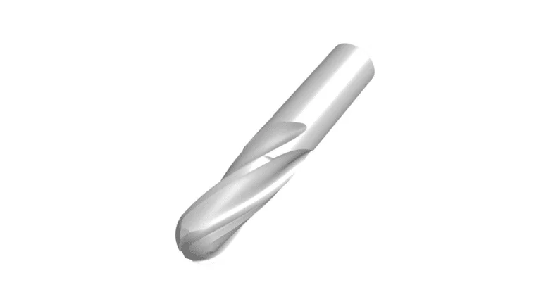 A metal end mill cutting tool with a cylindrical shank and helical flutes, commonly used in milling machines for machining operations.