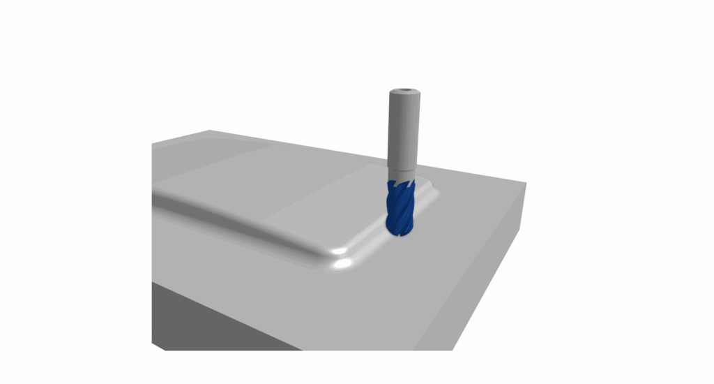 A blue milling cutter tool machines a raised edge on a gray metal workpiece, showcasing precision similar to cnc plastic machining.