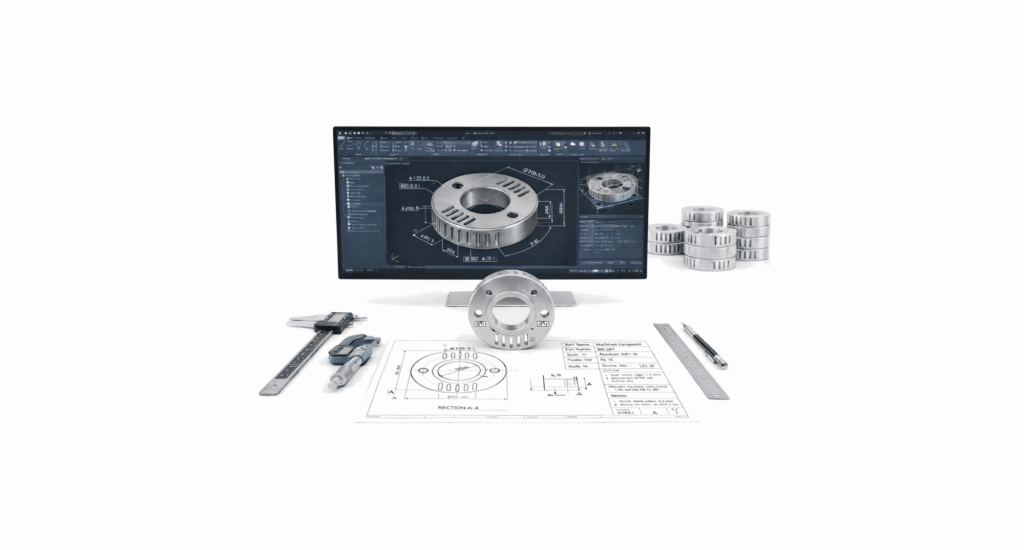 A computer display shows a 3D mechanical part model. In front, the same part, along with calipers, a ruler, pen, and technical drawings related to cnc stepover settings are arranged on a white surface.