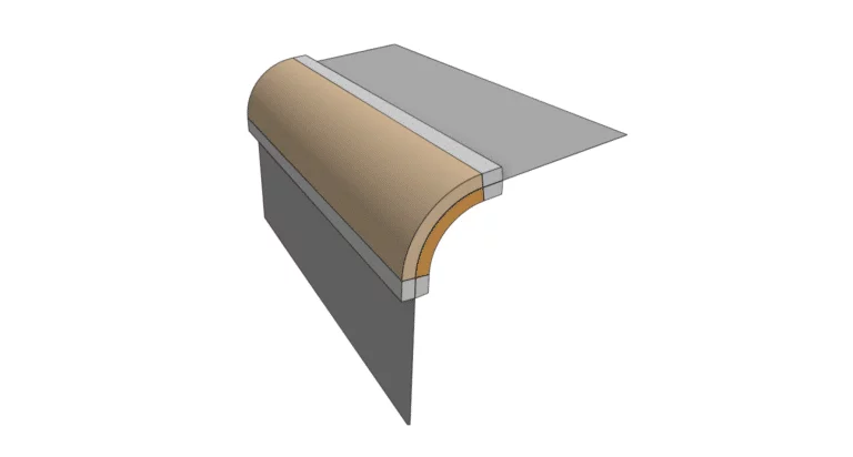Diagram of a countertop with a rounded bullnose edge, showing a cross-section with different materials layered.