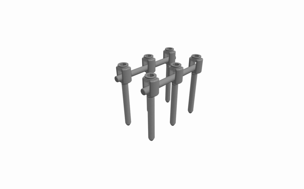 A 3D rendering of six screws, crafted with swiss cnc machining precision, connected by horizontal cylindrical bars arranged in two parallel rows of three.