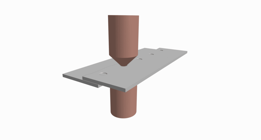 A brown vertical cylinder passes through a hole in a flat gray rectangular plate, which features additional holes—suggesting the plate may be prepared for spot welding applications.