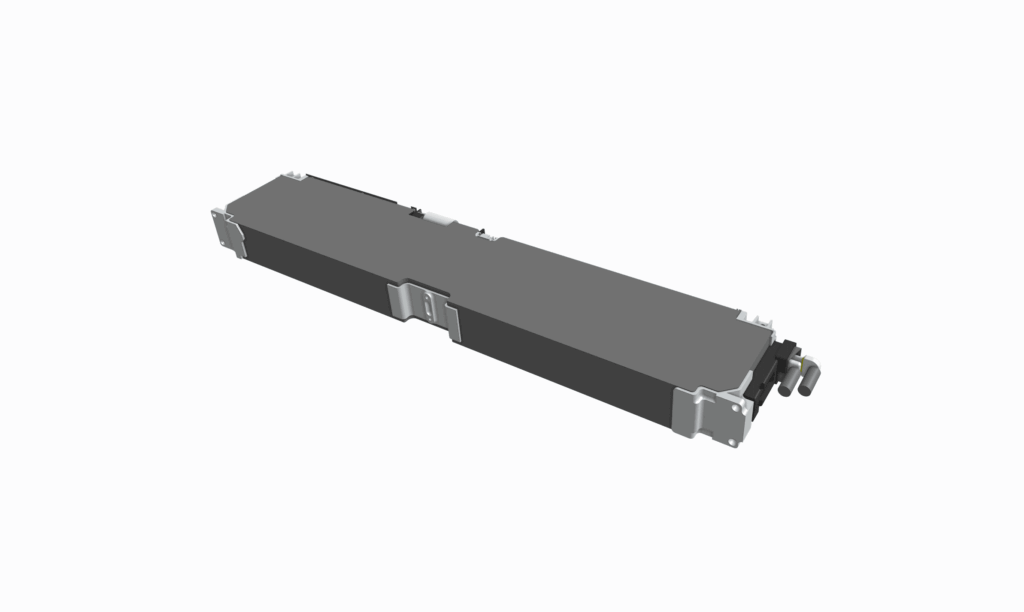 Rectangular, gray industrial battery pack with connectors on one end, shown on a white background—precision crafted using automotive CNC machining for reliable performance.