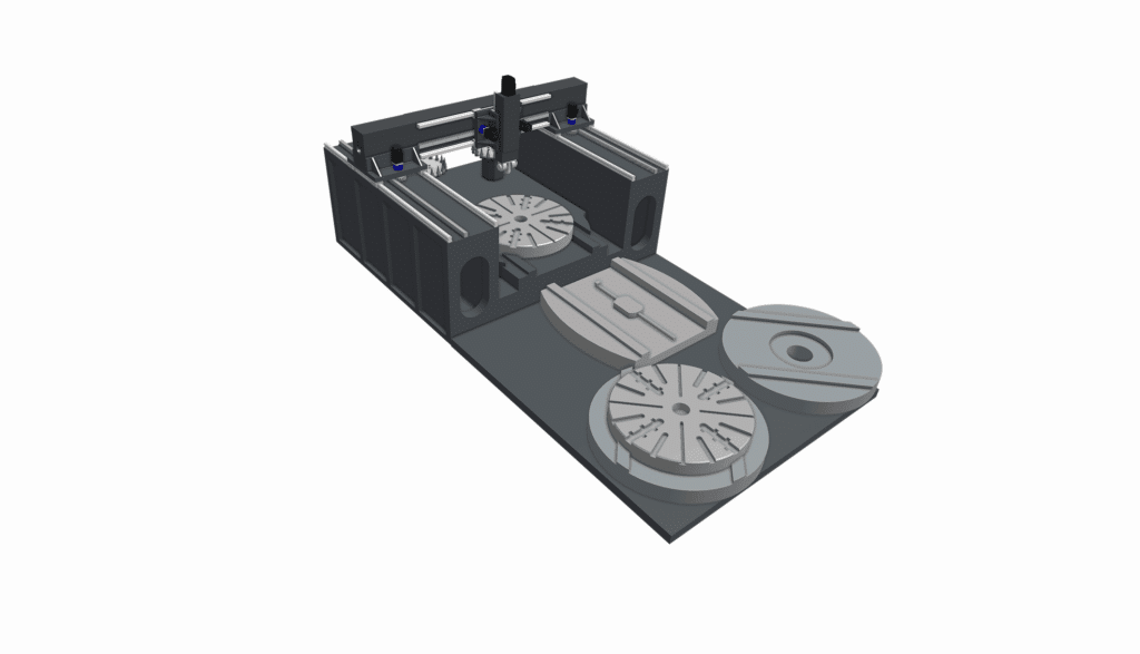 A 3D-rendered model of a CNC machine with a gantry, rotary tables, and work area, viewed at an angle on a white background—perfect for illustrating CNC lathe machining capabilities.