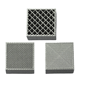 Three square metal mesh filters with different grid patterns are arranged on a plain white background.