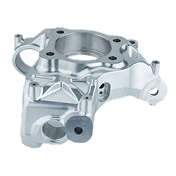 Machined metal automotive component with multiple holes and mounting points, possibly an engine or machinery part, shown on a plain white background.