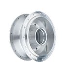 Silver metallic cylindrical mechanical part with multiple bolt holes around the outer edge, featuring a central hollow opening.