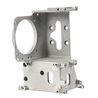 Metal bracket with multiple holes and cutouts, possibly used for mounting or supporting mechanical or electronic components.