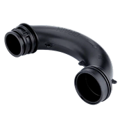 Black plastic curved pipe fitting with connectors on both ends, shown against a plain light background.