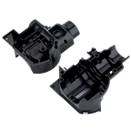 Two black plastic mechanical housing components placed side by side on a white background.
