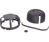 Several black plastic ventilation or protective cover components, including a mesh dome, circular frames, and a strip, displayed on a white background.