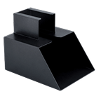 A black, geometric, rectangular object with a wide slanted opening at the front and a smaller rectangular section on top.