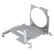 Metal computer hard drive mounting bracket with a circular cutout and several tabs for securing components.