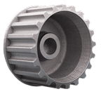 A close-up view of a gray metal timing pulley with evenly spaced teeth around its outer edge and a central hole for mounting.