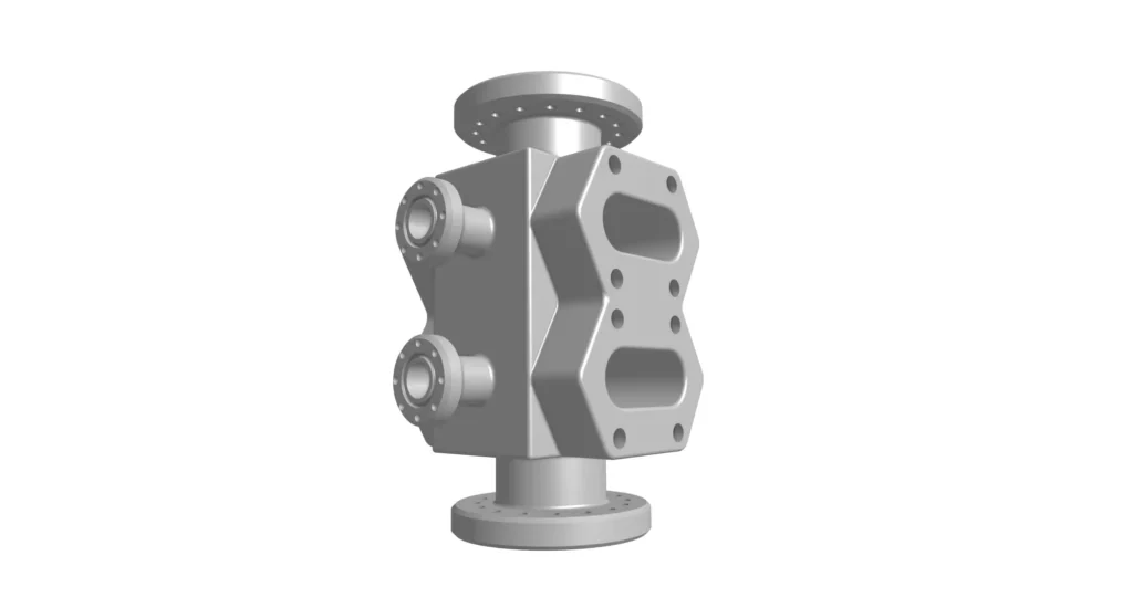 Blowout preventer body casting with machined ram bores and seal faces for wellhead pressure control.