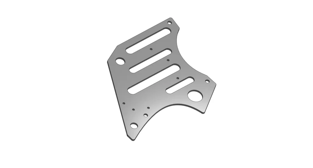 Laser-cut aluminum side panel for an e-bike battery cage, finished with anodizing as a complete part.