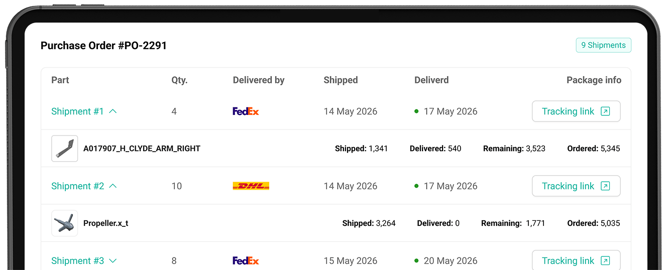 A close-up of a purchase order screen on Jiga showing shipment details for various parts, including quantity, delivery status, shipping carriers like FedEx and DHL, and tracking links.