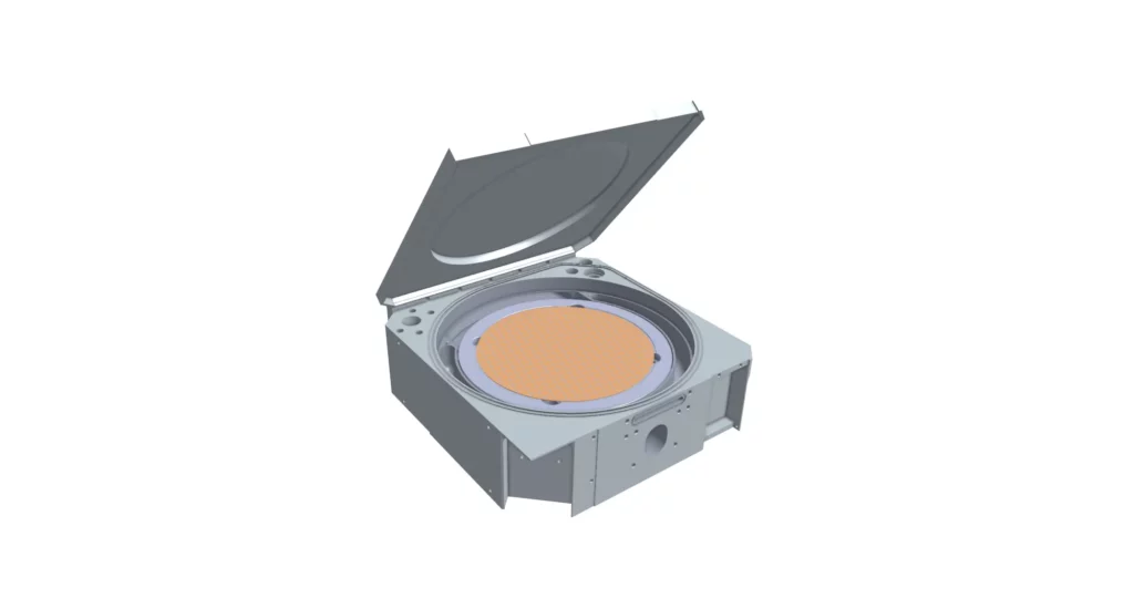 Open CVD process chamber exposing a silicon wafer for thin-film deposition in semiconductor fabrication.