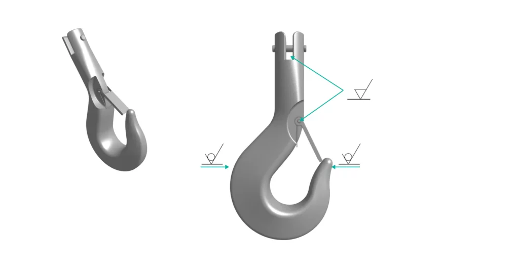 Cast steel hook marked with surface finish symbols showing where machining is required or barred.