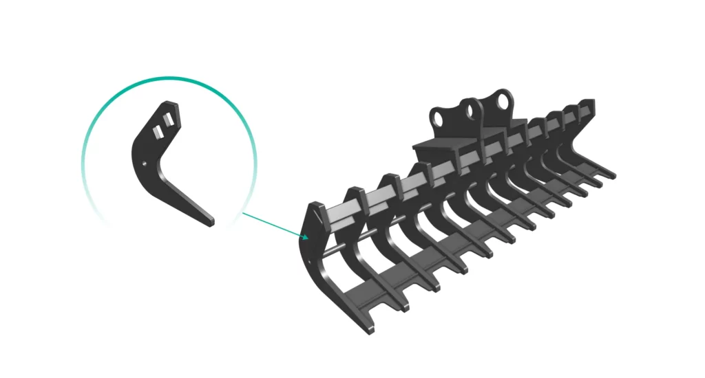 Heavy-gauge 25mm steel excavator rake blade, laser cut and ready for welded assembly.