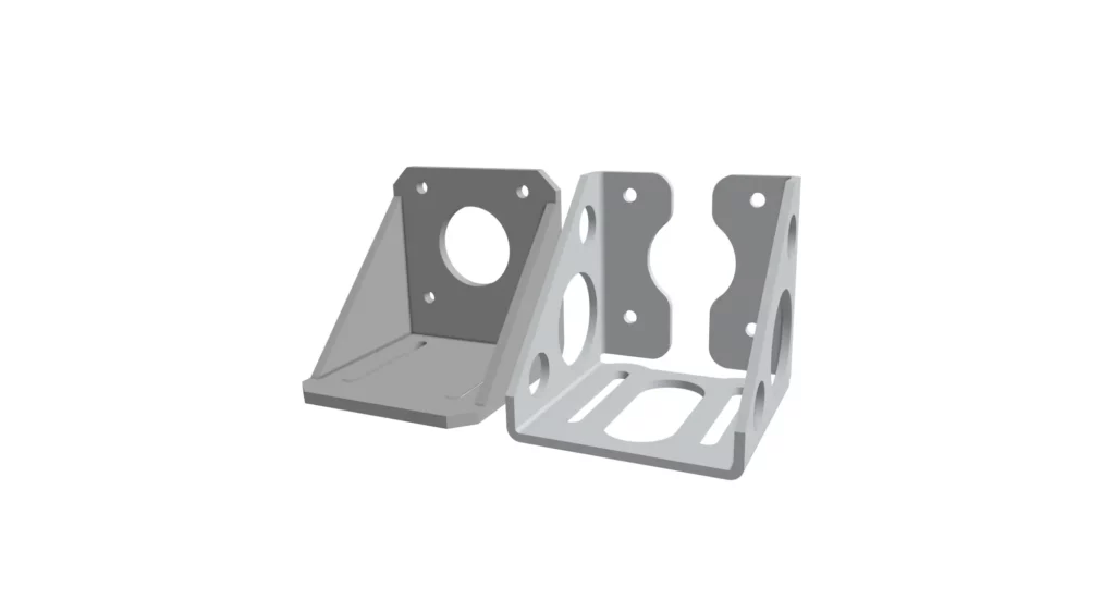 Side-by-side comparison of a NEMA stepper motor mount bracket: a CNC-machined aluminum version on the left and an equivalent folded 2mm stainless steel sheet metal version on the right.