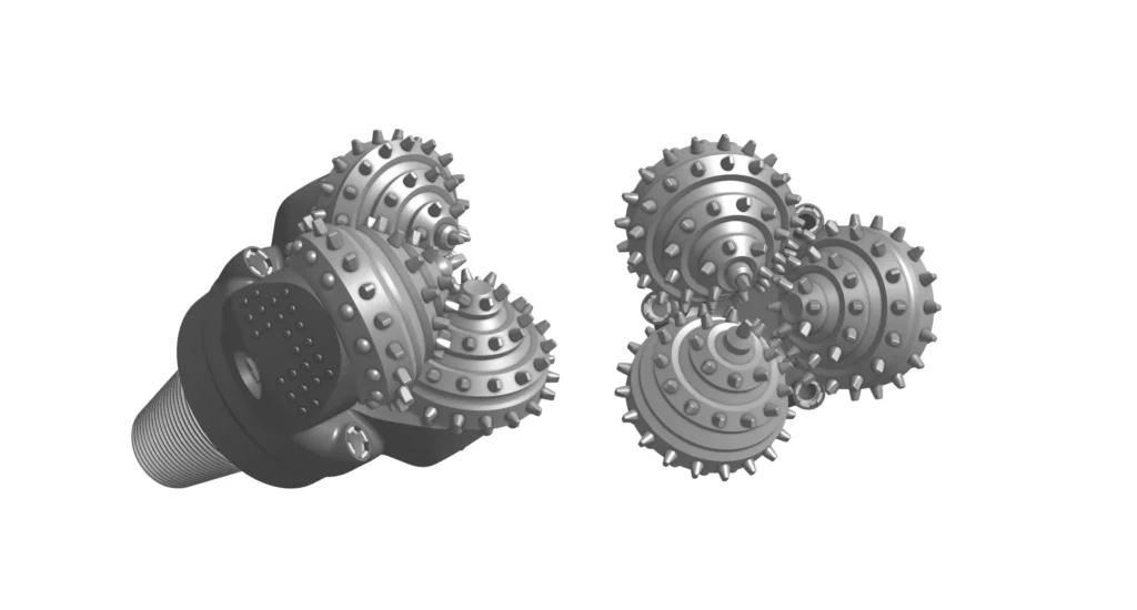Tricone drill bit with tungsten carbide inserts and precision-machined cone bearings for downhole drilling.
