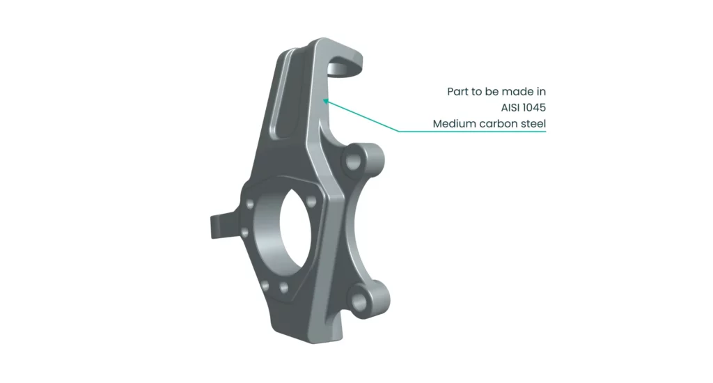 Engineering drawing extract of a car suspension upright (knuckle) highlighting a medium carbon steel material specification.
