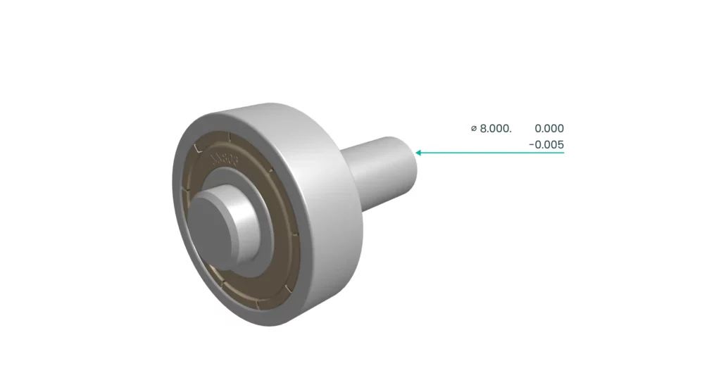 Engineering drawing of a bearing-mounted shaft annotated with a hyper-tight 8.000–8.005 mm diameter tolerance.