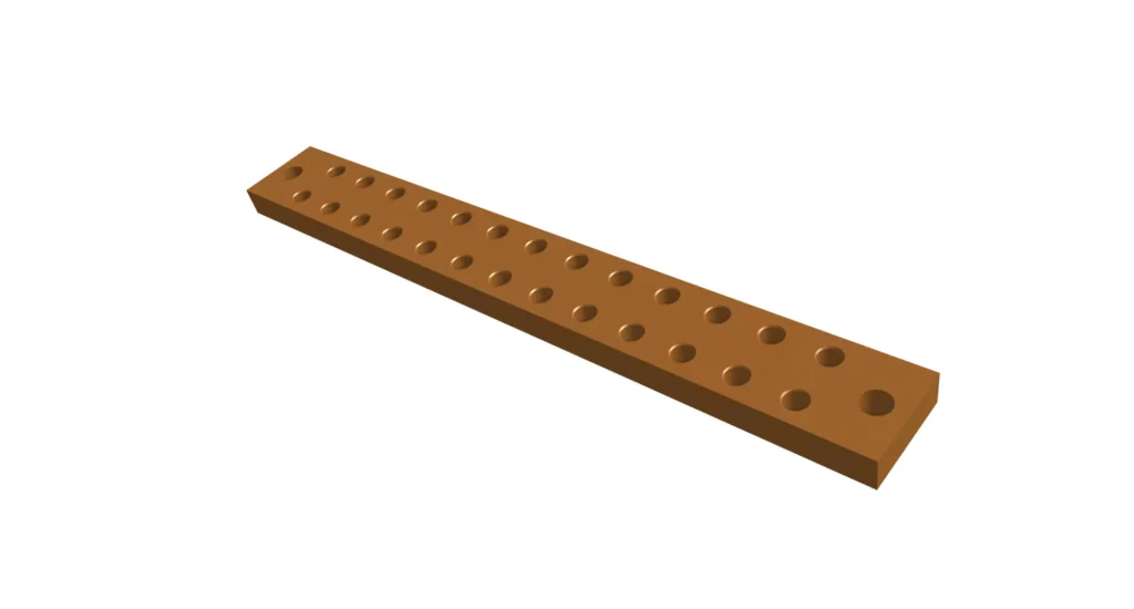 Laser-cut brass electrical bus bar requiring only post-cut thread tapping in the connection holes.