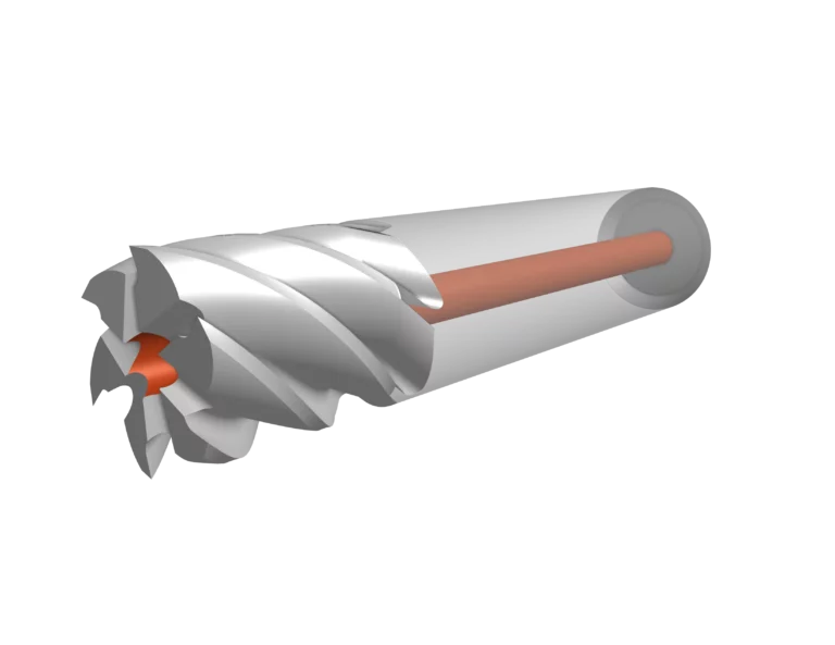 This shows a plated carbide side-cutter for Titanium milling, with an internal coolant gallery (red) that transforms the thermal performance and acts as aggressive chip-flushing to reduce operational stress, recut, and adhesion risk.
