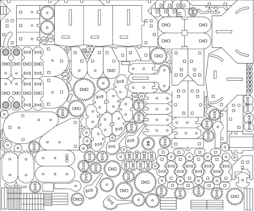 Nested flat patterns on a metal sheet optimizing material usage while avoiding local cut quality issues.