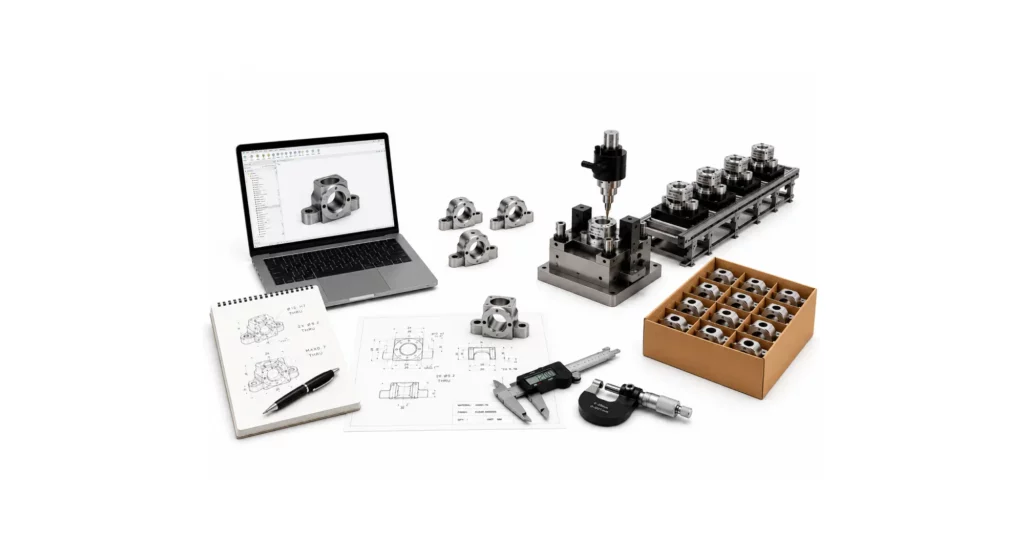 A workspace with a laptop displaying a 3D CAD model, metal machine parts, engineering drawings, and measuring tools demonstrates a mechanical engineering design process focused on lead times reduction.