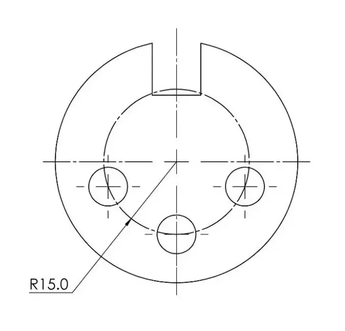 Bolt circle of three holes placed on a 15mm radius, sharing the part's outer diameter centerline.