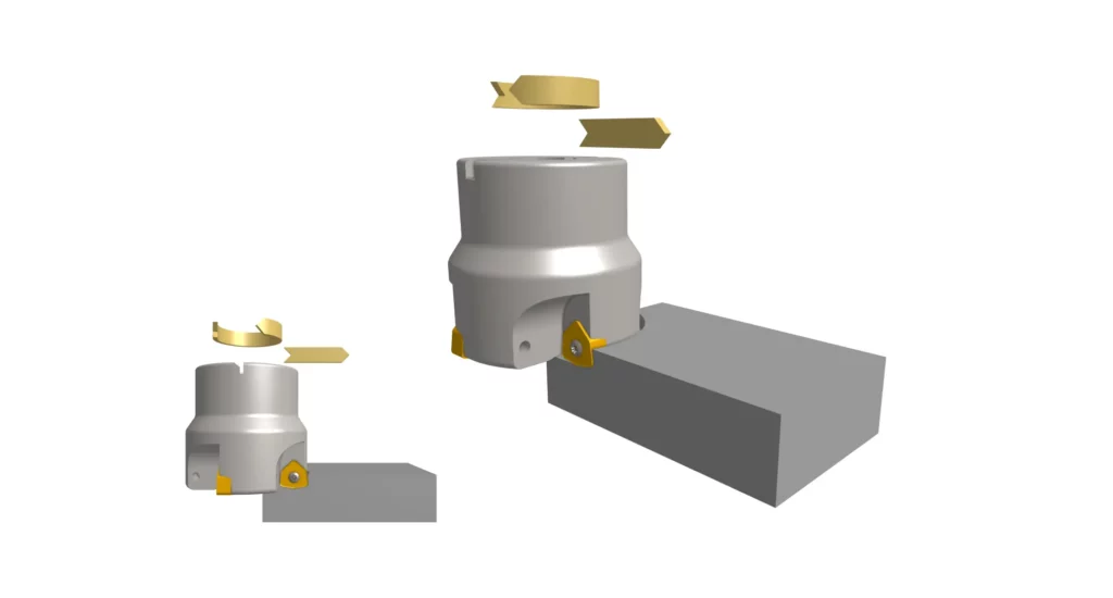 Facing cutter traversing a workpiece surface, removing a uniform layer of material in a typical face milling pass.